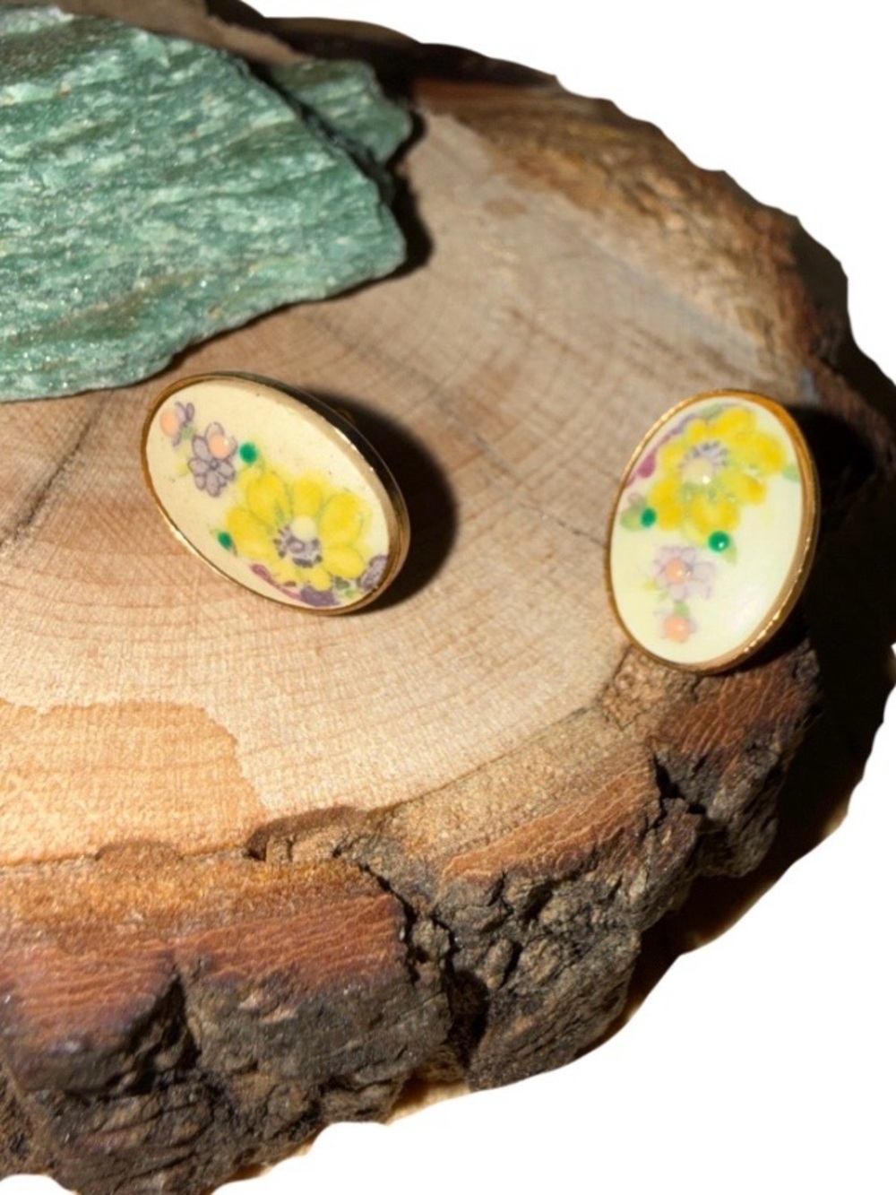 Vintage Floral Porcelain‎ Earrings, Small Flower Studs, Green Witch Jewelry